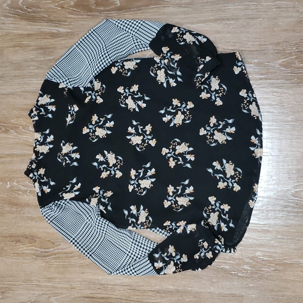 (S) Calvin Klein Floral Sheer Overlay Houndstooth Statement Sleeve Blouse Ruffle - Picture 9 of 9
